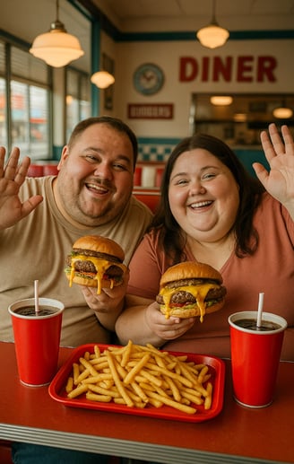 Un couple avec des rondeurs mange un fast food pour la journée mondiale de la malbouffe