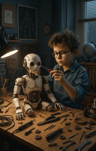 Un garçon bricole un robot pour la journée mondiale des compétences des jeunes.