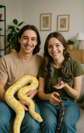 Un couple avec des Serpents chez eux pour la journée mondiale des serpents.