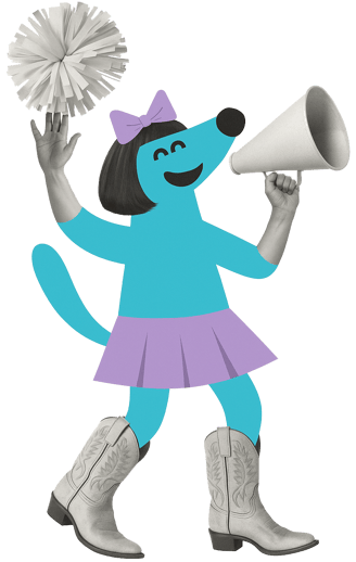 a dog dressed in a costume with a cheerleader pom and megaphone