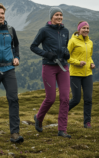 a group of people wearing waterproof hiking pants walking up a hill