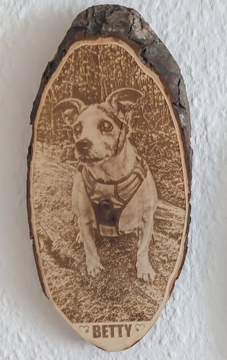 Holzscheibe mit einem Hundebild und Namen
