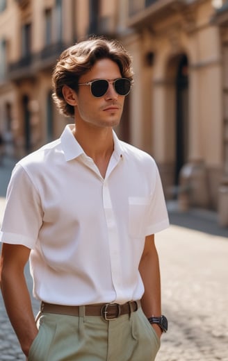 IMMAGINE DI UN MODELLO CON OCCHIALI DA SOLE CHE VESTE UN PANTALONE CHINO E UNA POLO IN MAGLINA