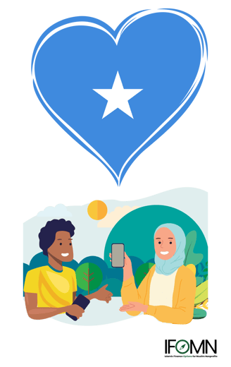 a woman in a yellow shirt is holding a cell phone with a blue heart with the Somali flag