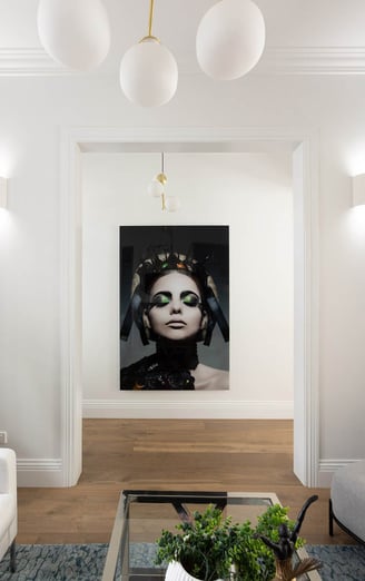 Hallway of Victorian home with large wall art, classic skirting boards, cornices, archittraves