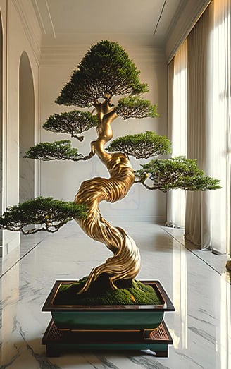 AI generated decorative bonsai tree made of gold in jade planter