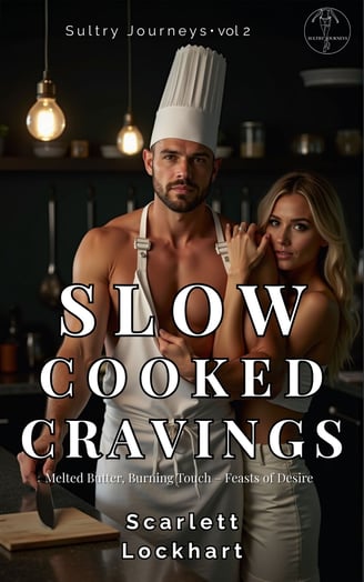 Shirtless chef and woman on cover of “Slow Cooked Cravings” by Scarlett Lockhart