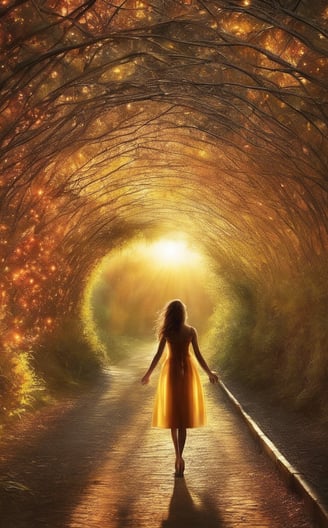 Frau die durch einen Baumtunnel geht , hinzu auf warmes Sonnenlicht