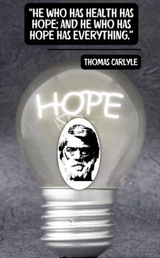 A sketch of a bust of Thomas Carlyle inside a lightbulb with "HOPE" in a neon light and his quote.