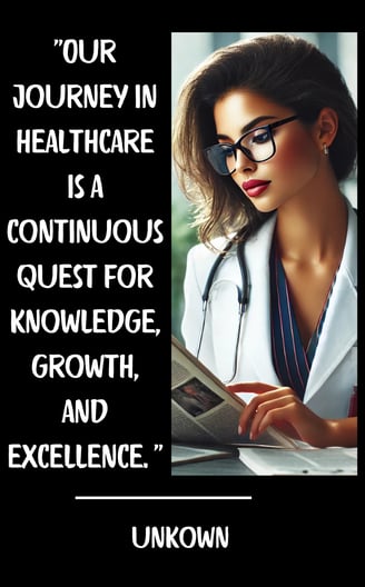 Female doctor reading a journal representing the lifelong learning journey of being a physician.