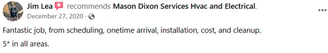 Solved my HVAC and Electrical issues in Maryland.  Mason Dixon Services testimonial