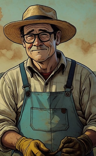 A comic painting of a man in a hat and overalls stands in a field
