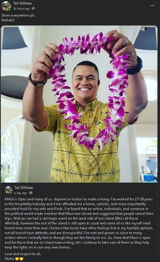 FB post asking visitors to visit Maui now