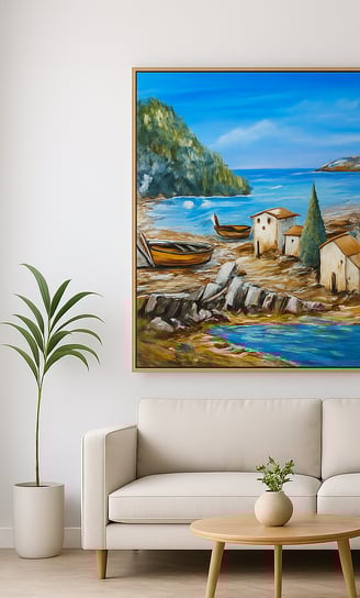 Tableau provençal méditerranéen avec maisons, bateaux et mer, tableau cubiste moderne femme