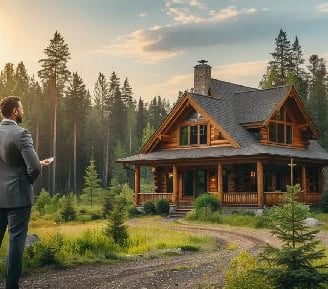 real estate broker looking at home for real estate inside out