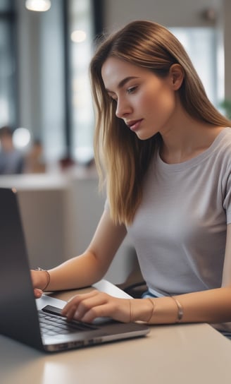 A person is using a laptop to browse an online marketplace featuring various digital products or themes. The screen displays a selection of software or website themes with descriptions and prices. The person seems to be in a well-lit room, sitting at a table.