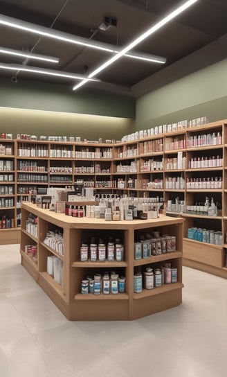 A modern retail space features minimalist design with display shelves along one wall holding neatly organized packages. A central table displays electronic devices on stands. Large windows allow natural light to brighten the space, where potted plants add a touch of greenery.