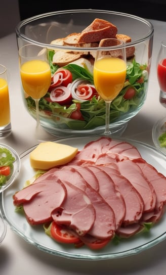 A selection of three colorful trays is filled with a variety of healthy snacks, including orange slices, nuts, seeds, and a measuring tape is artfully draped across them, suggesting themes of dieting or nutrition.