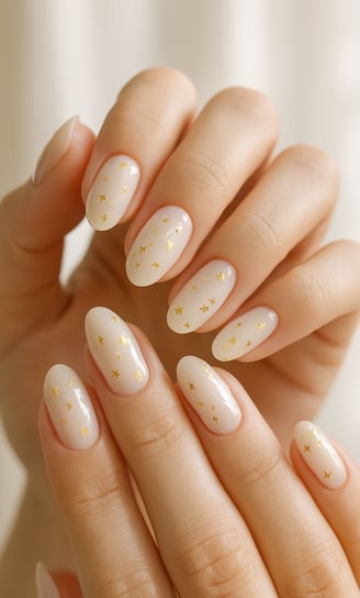 manicured hands with milky white nails and scattered gold foil accents, natural soft light