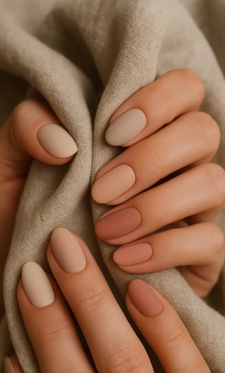 oval nails, each nail painted in varying nude and blush tones, matte finish, holding a neutral-toned