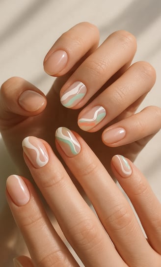 clear base nails, abstract white and pastel waves painted across a few nails, artsy vibe