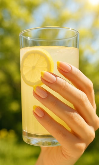 Nails with a sheer base and lemon yellow French tips, holding a glass of lemonade