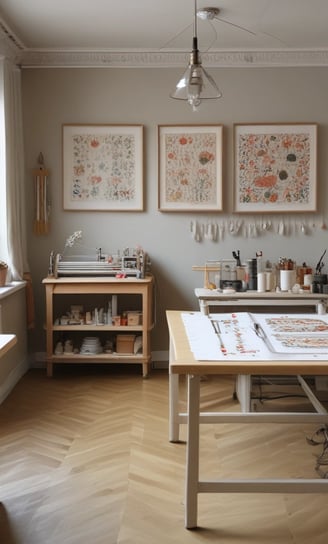 A small embroidery shop with a vibrant blue facade situated on the corner of a street. The windows display designs reminiscent of traditional embroidery, and there is a classic streetlamp mounted on the side of the building. Potted plants add a touch of green to the window ledges above.