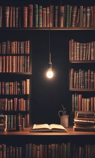 A bookstore with shelves filled with a variety of books arranged neatly. There is a table in the foreground stacked with several different books with colorful covers, featuring notable authors and titles. Books are stacked both vertically and horizontally, showcasing different genres.