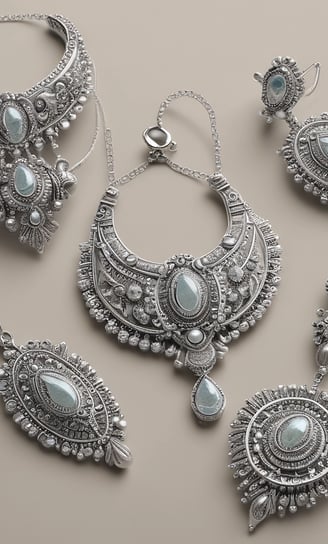 A collection of silver jewelry, including a pair of earrings and a necklace with geometric designs and green stones, is displayed on a textured wooden surface.