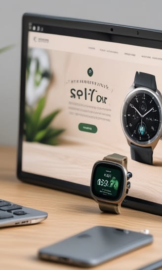 A laptop displays a web browser on the  homepage, showing a prominent green advertisement offering up to 70% off on Apple tech with a two-year warranty. The ad features images of a smartwatch and a smartphone. The surrounding environment includes a wooden table and blurred indoor plants in the background.