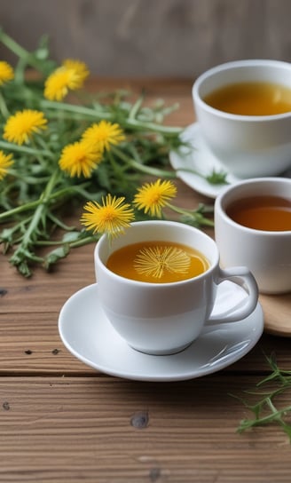 A clear glass cup filled with reddish herbal tea, featuring a tea bag inside. Around the glass cup, there are dry flower petals and buds scattered on the light-colored surface. To the left, there's a small white bowl containing a variety of dried herbs and flowers. A blurred, partially visible magazine or book with a photo of a palm tree provides a soft background, along with some light-colored fabric.