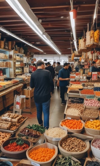 A busy grocery store aisle filled with shelves stocked with a variety of snacks and packaged goods. People browse the selection, with numerous jars containing various dried foods in the foreground. Cardboard boxes are stacked above the shelves, and fluorescent lighting illuminates the space.