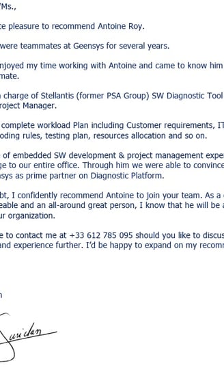 Recommendation from the Senior Business Manager in charge of PSA/Stellantis client