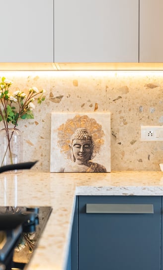 a kitchen design with a stove top oven and a potted plant in Bengaluru