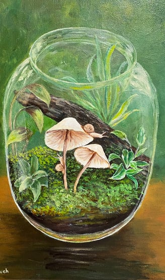 Acrylic painting of Terrarium with mushrooms and plants