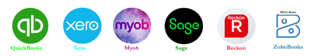 Accounting software logos: QuickBooks, Xero, Myob, Sage, Reckon, ZohoBooks.