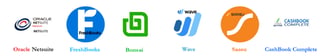 Logos for Oracle Netsuite, FreshBooks, Bonsai, Wave, Saasu, and CashBook Complete