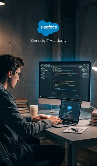 un chico estudiando y trabajando con Salesforce en Genesis IT Academy