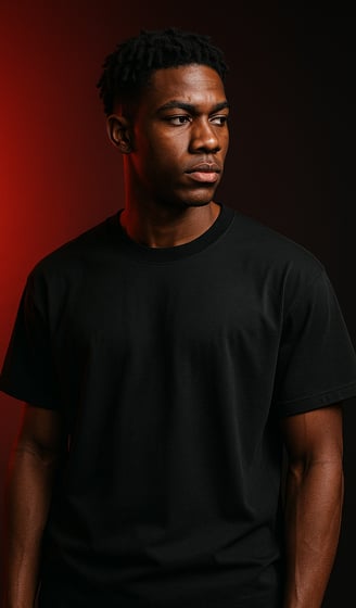 a man in a black shirt and a red background