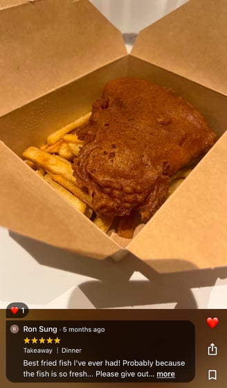 Golden fish and chips served at Maritime Munchies in Hamnøy, Lofoten –local fresh fish, crispy fries