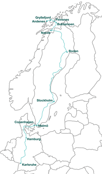 Complete train travel map from Karlsruhe, Germany to Andenes, Vesterålen, Norway