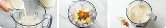 The image shows the process of blending almond milk, banana, and spices into a smooth smoothie.