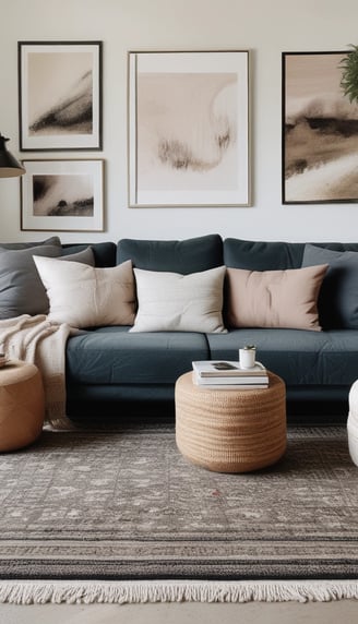 a couch with pillows and pillows on a rug