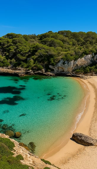 Cala Llombards en Mallorca con aguas turquesas, playa dorada y acantilados – Maiorca Unlocked.
