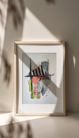 Framed abstract mixed media artwork by Sweet Ruby Moon with layered textures and bold color, lit by soft natural light