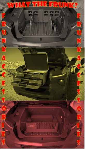 The Chevrolet Silverado EV Frunk comes with accessories: A mesh net, a 4 bin storage and a tool box. EV Car Guide.