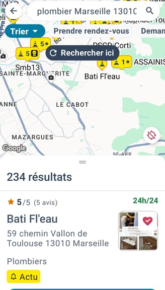 visibilité Mappy  pages jaunes, plombier, marseillais, bati Fl'Eau 