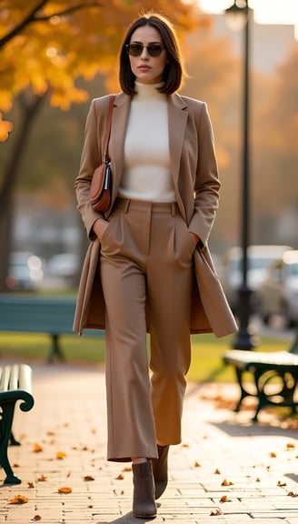 Golden leaves and layered neutrals—this look is autumn’s quiet reply to chaos. Wrapped in cream cash