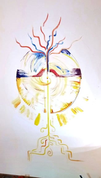 work in progress de Peinture murale du portail du dragon, avec u format circulaire traversé par un arbre de vie et avec un dr