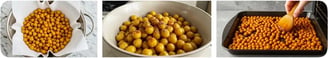 Drying, seasoning, and spreading chickpeas on a baking sheet for roasting.